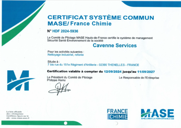 certificat Mase Cavenne Services